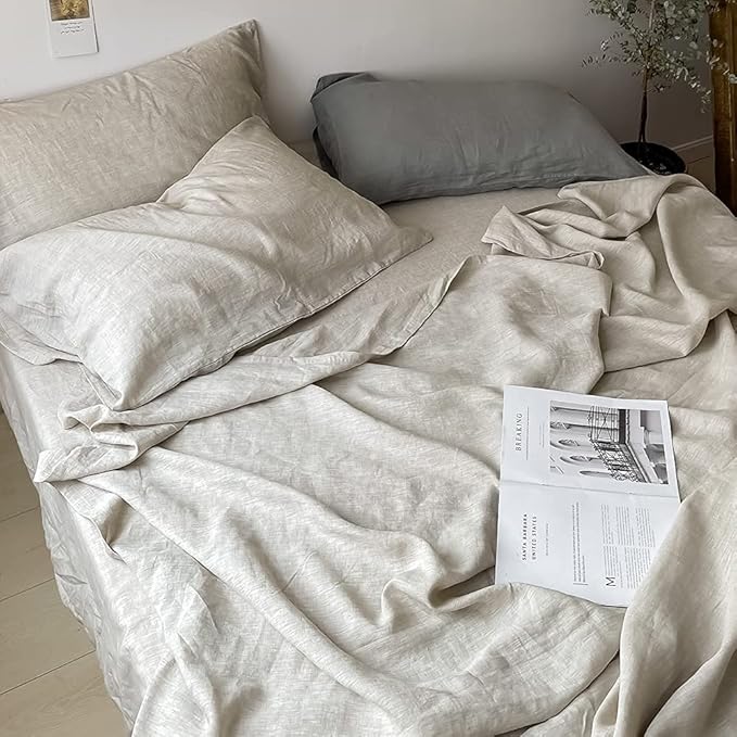 Simple&Opulence Washed Linen Bed Sheet Set Basic Style 4 Pieces (1 Flat Sheet & 1 Fitted Sheet & 2 Pillowcases) 100% Natural French Flax Soft Breathable Farmhouse Bedding (Queen, Linen)