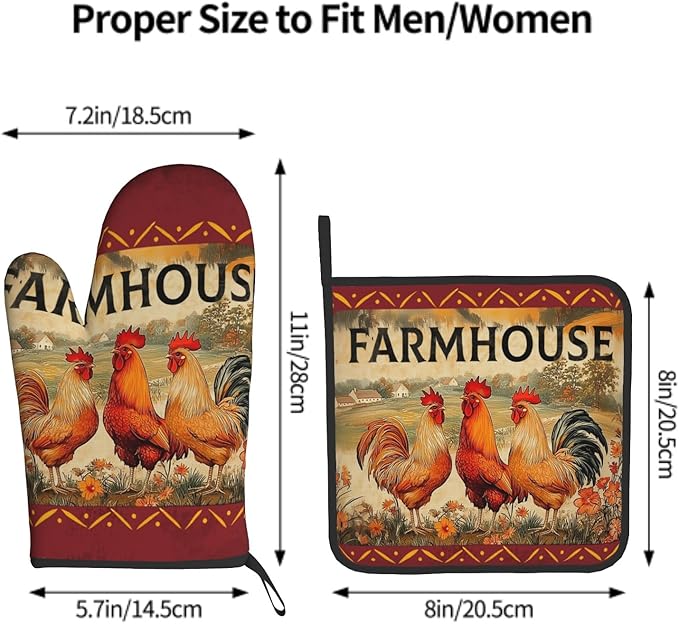Farmhouse Rooster Oven Mitts and Pot Holder Set of 2 Vintage Chicken with Floral Kitchen Gloves Potholders Heat-Resistant Rustic Oven Gloves Hot Pads for Cooking Baking Grilling