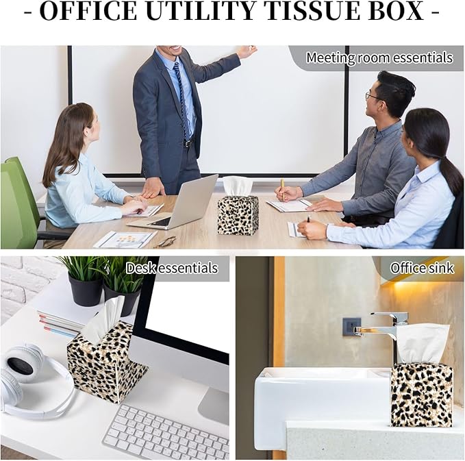 PVC Tissue Box Cover Holder,Leopard Square Decorative Organizer,5.2"X5.2"X5.2" Tissue Case for Bathroom, Tabletop, Car, Office
