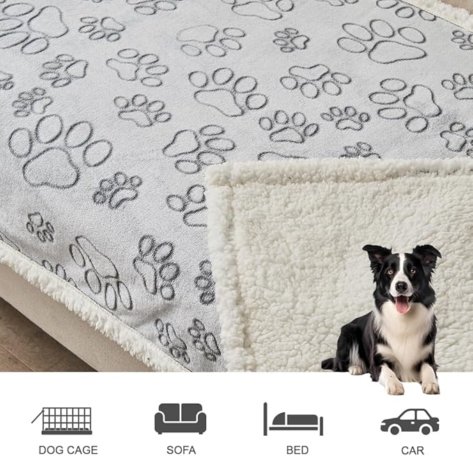 Qeils Dog Blankets for Small Dogs - Waterproof Pet Blanket Washable - Sherpa Fleece Puppy Blanket, Soft Plush Reversible Dog Blanket for Bed Couch Car Sofa, 40"X50", Grey Paw Print
