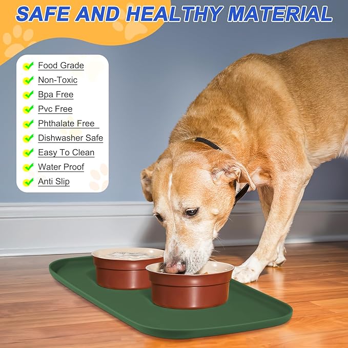 SMILOOL Silicone Pet Feeding Mat with Raised Edge for Food and Water, Dog Bowl Mats, Cat Bowls Placemat with High Lip for Floor Waterproof, Rubber Tray for Cats and Dogs 24 x 16 x0.8 Dark Olive