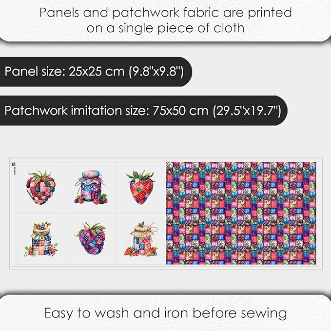 Patchwork Berry Jar Cotton Fabric Panel – 6 Designs (10×10 inch Each) + Bonus Sheet 29.5×19.6 inch, 100% Cotton 140 GSM, Made in Türkiye