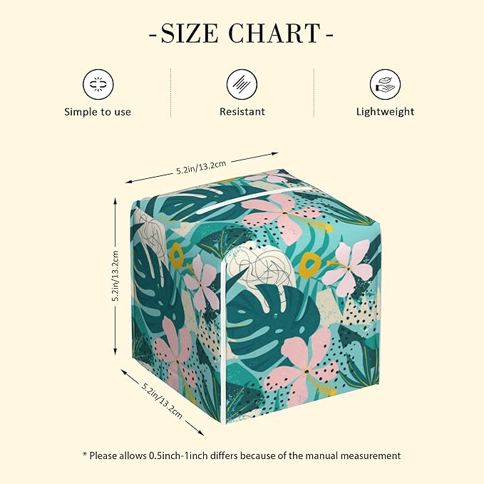 POIUBLE Tropical Flowers and Palm Leaves Tissue Box Cover Leather Tissue Box Holder Square Facial Paper Organizer Dispenser for Bathroom Kitchen Bedroom Vanity Countertop Night Stands