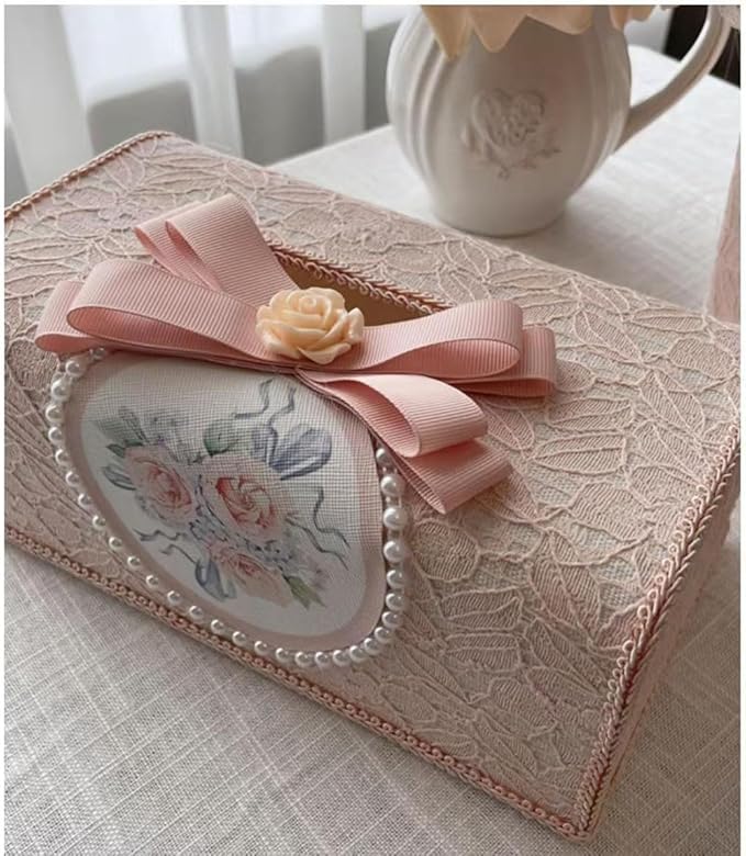 Tissue Cover Holder Fabric Art Cute Tissue Box Cover Dispenser Napkin Organizer for Bathroom Bedroom Office and Car (A-Pink)