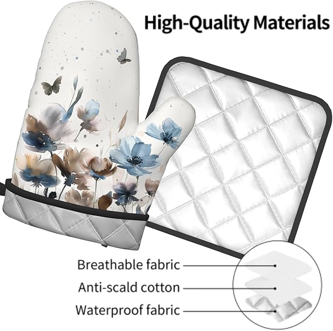 Blue Brown Floral Oven Mitts and Pot Holder Sets 2-Pack Watercolor Flower Kitchen Mitts Farmhouse Heat Resistant Oven Gloves Potholder for Home Kitchen Cooking Baking Grilling Gifts