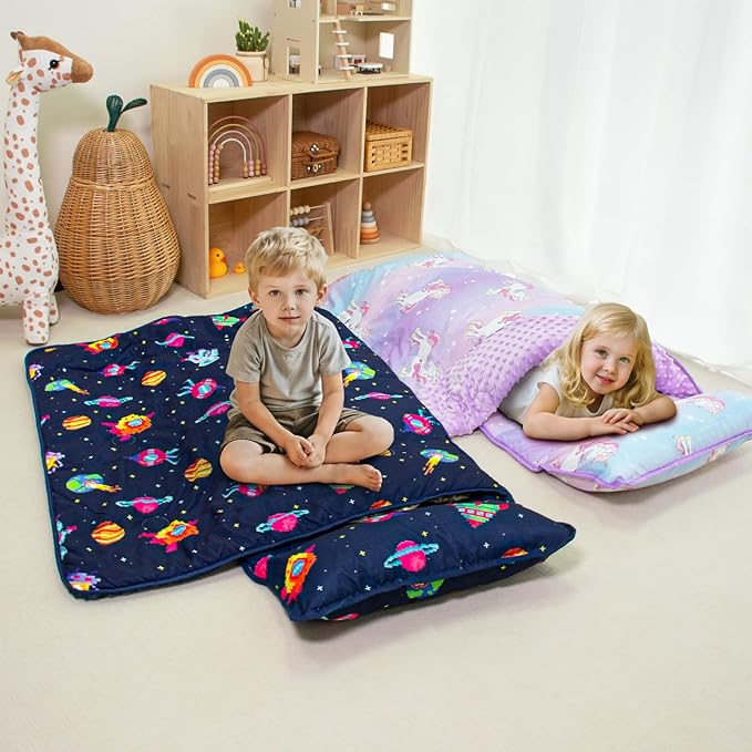 Beavtaens Toddler Nap Mat with Pillow and Minky Blanket, Large 55"x35" Sleeping Bag, Washable, Lightweight, Easy to Roll, Perfect for Preschool, Daycare, Kindergarten, Travel, Boys and Girls(Space)