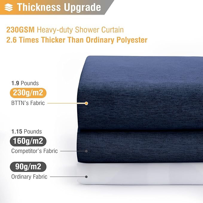 BTTN Blue Extra Long Shower Curtain, 72x96 Inch Long Linen Textured Heavy Duty Fabric Shower Curtain Set with 12 Hooks, Tall Decorative Neutral Waterproof Cloth Shower Curtain for Bathroom, Navy Blue