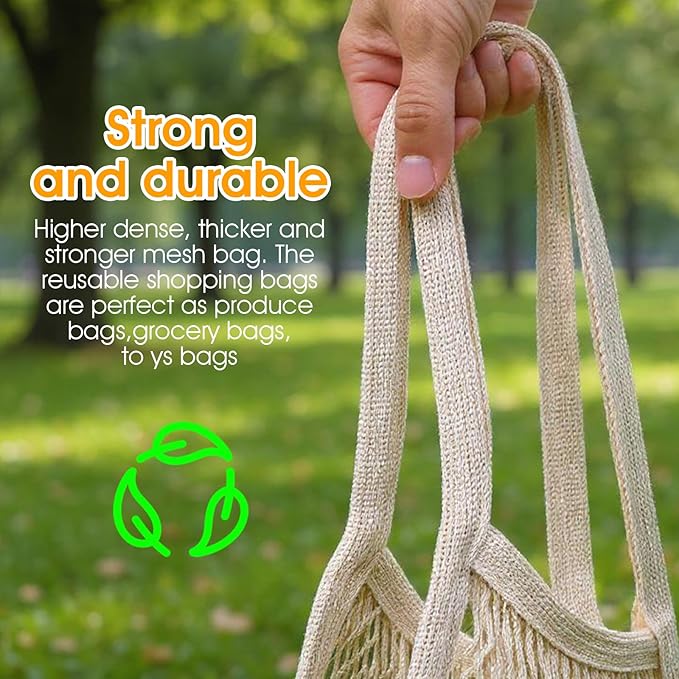 Nodaaiie 12 Pack Reusable Cotton Mesh Grocery Bags Farmers Market Bag Eco-Friendly Washable Net Tote Bag with Long Handles for Fruits, Vegetables, Shopping, and Beach (Beige, 23.6"×14")
