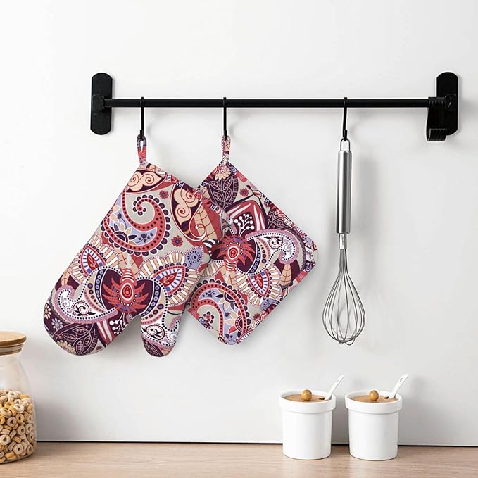 Purple Boho Flower Oven Mitts and Pot Holders Sets, Home Silicone Heat Resistant BBQ Gloves for Kitchen Baking Cooking Grilling Microwave
