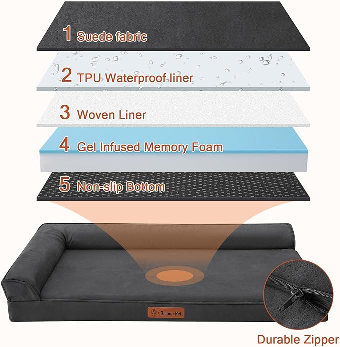 Rainmr Orthopedic Dog Bed Medium Size Dog, Memory Foam Dogs Bed for Medium Dogs, Washable and Removable Microsuede Cover, Waterproof Liner, Non-Skid Bottom, 30x20x6 Inches, Dark Grey