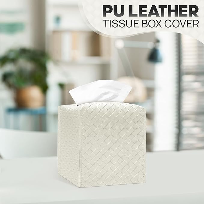 Tissue Box Cover Holder, PU Leather Tissue Box Cover with Braided Pattern, Square Tissue Holder with Bottom Belt, Modern Organizer for Bathroom, Car, Office, Tabletop (White., 12 Braided Patterns)