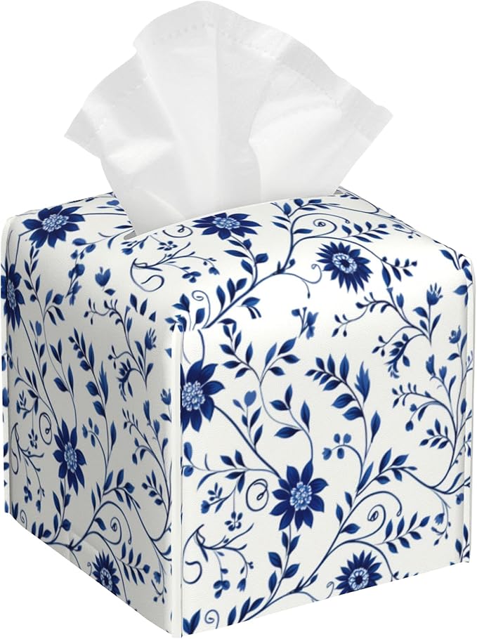 Blue and White Floral Tissue Box Cover,Abstract Boho Flowers Botanical Waterproof Leather Square Tissue Box Cover Case Facial Paper Organizer Dispenser Box Holder for Home Office Bathroom Vanity