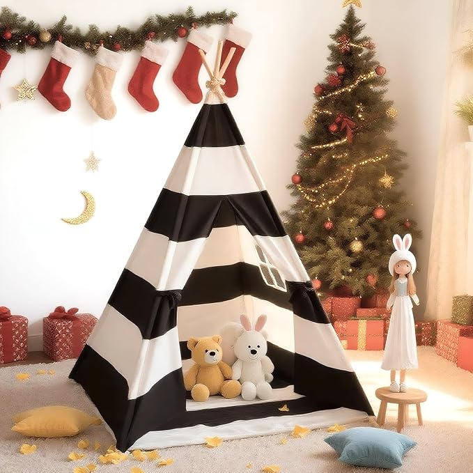 xiaowantong Teepee Tent for Kids with Padded Mat, Lights, and Carry Bag, Washable Playhouse for Indoor Use, Ideal Play Tent for Girls and Boys, Stripe Black