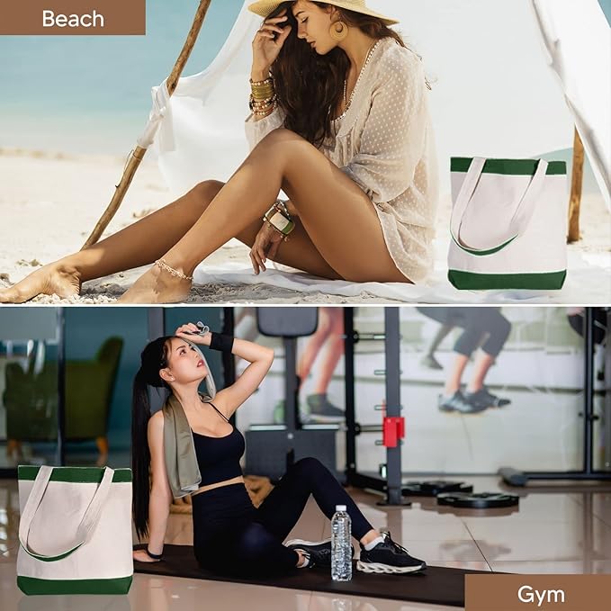 Canvas Tote Bag with Handles for Woman, Reusable Cloth Bag for Groceries and Shopping In Bulk - Blank Cotton Tote Bag, Suitable for DIY Projects HEAVY DUTY, 16"X14.5" With 4” Gusset, Green 4 Pack