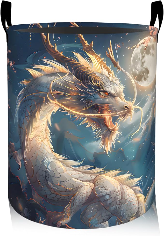 ainori Mythical Dragon Floral Laundry Basket, Oxford Cloth Fantasy Dirty Clothes Collapsible Hamper for Room Decor, Moon and Flower Print Gifts Toy Organizer 19.7*15.8 Inch for Bedroom Bathroom Dorm