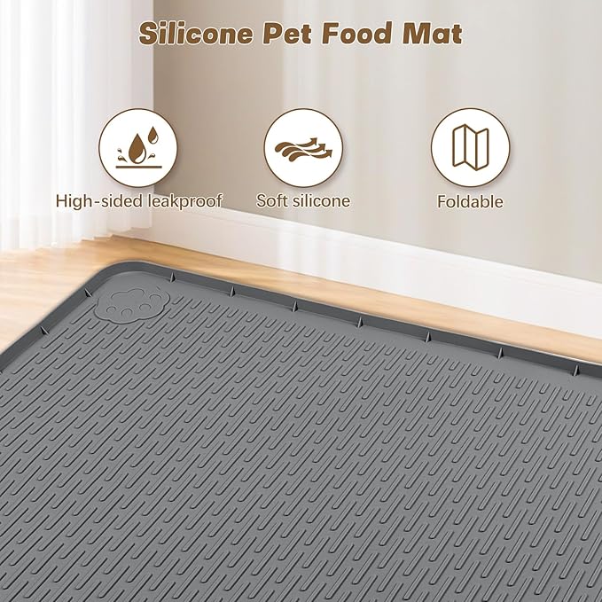 Bartuke Cat Food Mat, 34" x 22" Large Silicone Pet Feeding Mat for Food and Water Bowls Non-Slip, Easy to Clean (Dark Grey)