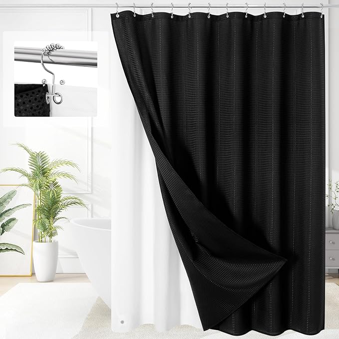 Craidlela 3 in 1 Extra Long Shower Curtain Set-72 W x 84 H, Black Waffle and PEVA Liner Set with 12 Stainless Steel Hooks, Waterproof Fabric for Bathroom