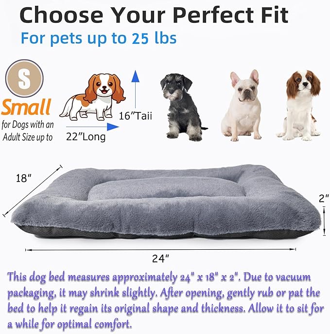 Crate Beds for Small Dogs,Comfort Fluffy Plush Dog Bed Kennel Pads for Crates 24 x 18 Inch, Non-Slip and Machine Washable Pet Sleeping Mat for Puppy/Cat,Dark Grey