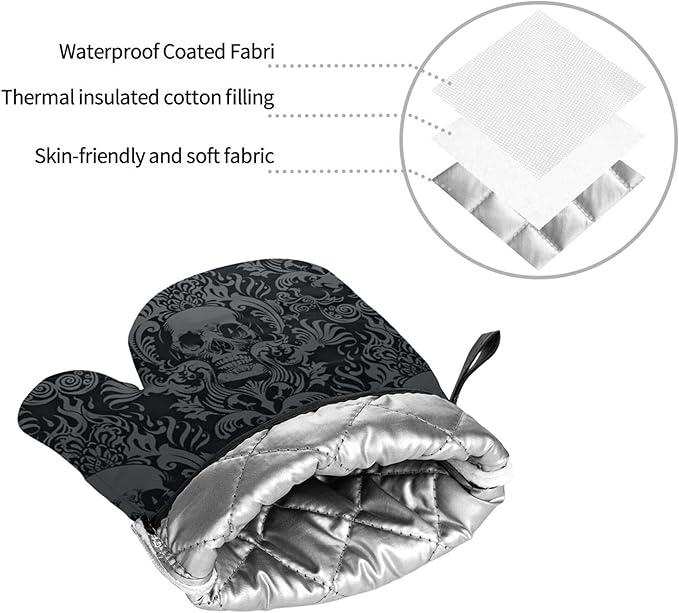 Victorian Gothic Black Skull Damask Oven Mitts and Pot Holders Sets of 4,Resistant Hot Pads with Polyester Non-Slip BBQ Gloves for Kitchen,Cooking,Baking,Grilling