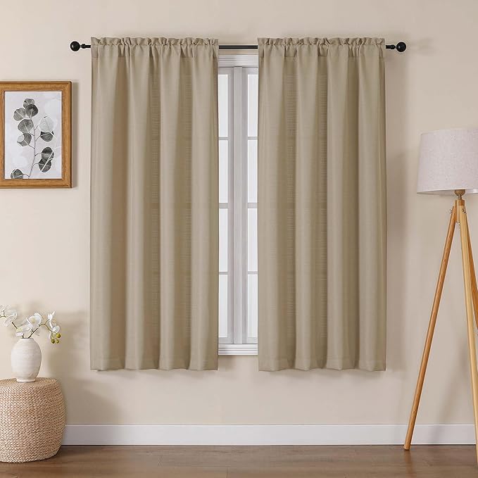 Lecloud Bessie Camel Curtains 63 Inch Length 2 Panels, Breathable Light Filtering Faux Linen Bedroom Curtains, Rod Pocket Curtain Panels for Living Room, Each 40 W x 63 L
