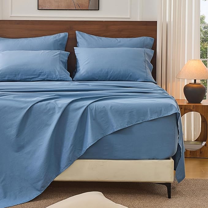 Bedlifes 100% French Linen Sheets King Size 18-24" Extra Deep Pocket 4-Piece Set Breathable & Moisture-Wicking,Soft & Durable Sheets for Thick Mattresses(Flint Blue)