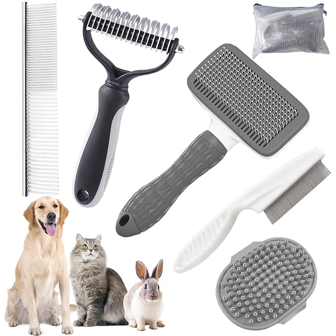 KUEIOX Dog Brush for Shedding,6 PCS in One Pet Slicker Hair Brush Kit Organizer Bag - Dog Cat Grooming Deshedding Undercoat Rake Brush Comb for All Small Large Dogs Cats Grey