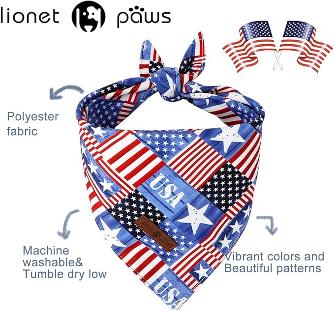 Lionet Paws Summer 2pcs Dog Bandanas, 4th of July USA Dog Scarf Bib Premium Fabric, Happy American Flag Blue Bandanas for Small Medium Dogs Pets
