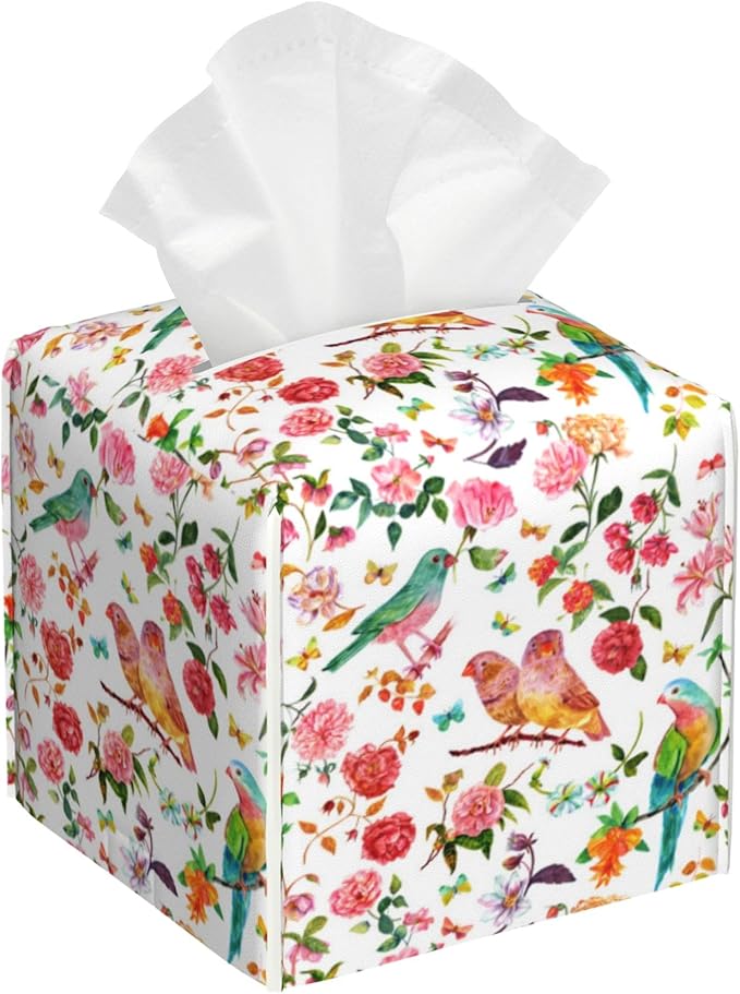 OHEGBXE Tissue Box Holder Spring Flower and Bird Square Leather Tissue Box Cover Modern Cube Facial Paper Cover Case for Bathroom Vanity Countertop Night Stands Tabletop