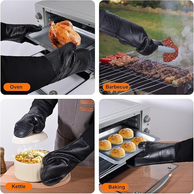Extra Long Silicone Oven Mitts Heavy Duty Commercial Grade Oven Mitts Heat Resistant BBQ Gloves with Quilted Cotton Lining 2 Pack (Black)