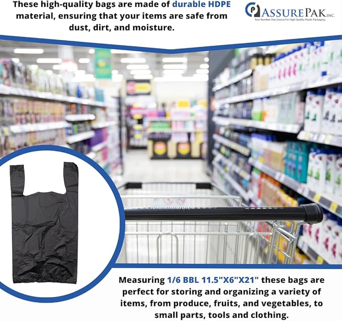 ASSUREPAK Easy Open - Black Unprinted HDPE T-Shirt Bags 11.5"x6"x21" with handles – 500 Units – 17 Microns – Perfect for Grocery Shopping and Store Purchases 20018-EO