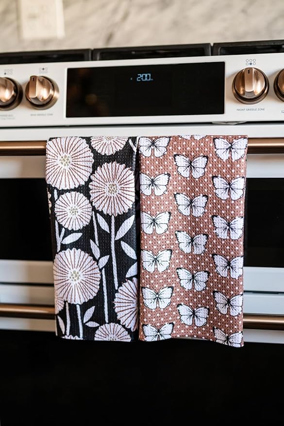Desert Aqua || 2 Pack Double Sided || Not Your Ordinary Dish Towels || Waffle Weave Microfiber || Tea Towels || Highly Absorbent || Hanging Loop || Dish Cloths || Designer Prints|| Butterflies