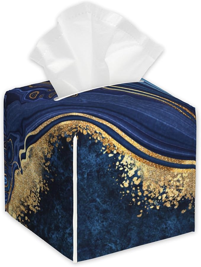 Blue Marble Tissue Box Cover,PU Leather Tissue Box Holder Square,Modern Home Decoration for Bathroom Living Room Kitchen Office Car,5.2"×5.2"×5.2"