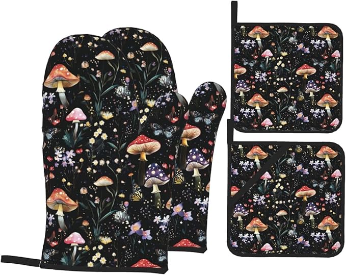 Oven Mitts and Pot Holders Sets of 4 Mushroom Botanical Vintage Kitchen Potholder Gloves Heat Resistant Non-Slip for Chef Baking Cooking Grilling BBQ Mittens