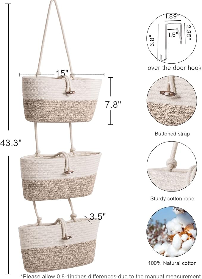 Oradrem Over the Door Basket Cotton Rope Organizer, 3-Tier Wall Hanging Storage Basket, Closet Organizing, Decorative Baskets for Organizing Living Room—14.5“x7 (Apricot)