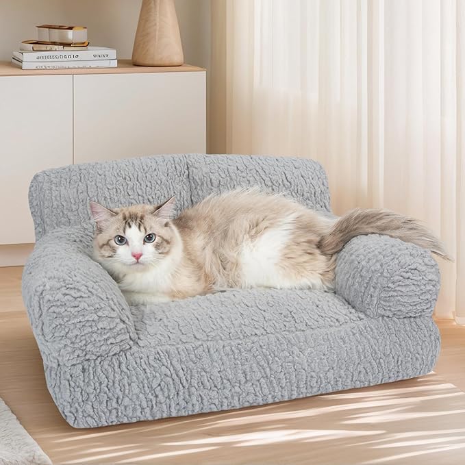 KHONSU PET Orthopedic Cat Sofa Bed - Large Plush Pet Couch for Indoor Cats, Washable Fluffy Dog & Kitty Lounge Chair with Removable Cover, Supportive Comfy Bed,24 Inch Pink