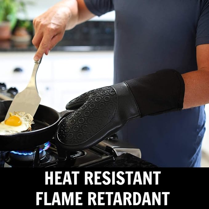 HOMWE Silicone Oven Mitts and Pot Holders, 4-Piece Set, Heavy Duty Cooking Gloves, Kitchen Counter Safe Trivet Mats, Advanced Heat Resistance, Slip-Resistant Textured Grip, Black