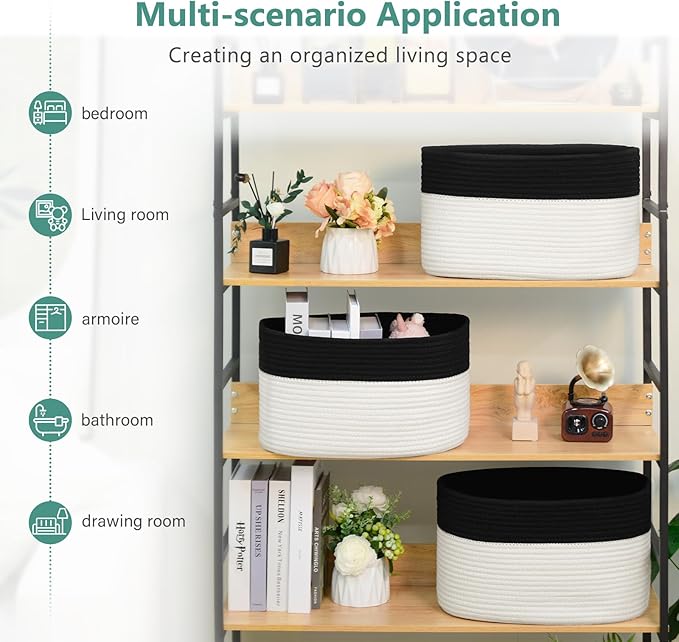ECDYQXVU Cotton Rope Storage Basket, 15x10x9 Inches, Woven Basket for Shelves, Clothes, Towels, Books, and Laundry, Black/White (1 Pack)