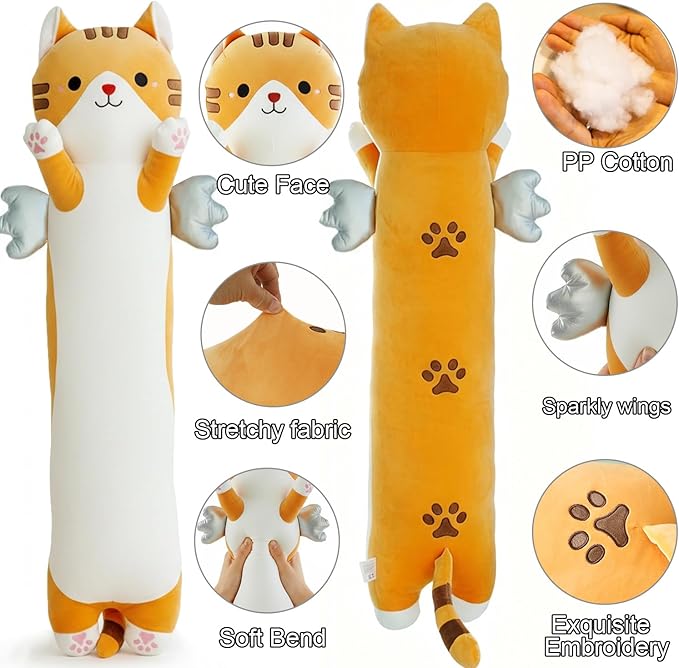 Long Cat Plush Pillow, Cute Cat Stuffed Animal Body Pillow with Wings, Soft Kawaii Kitty Hugging Pillow, Christmas Valentine's Birthday Gift for Kids Girls Boys (Yellow, 60cm/23.62in)