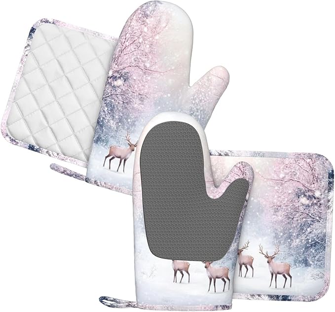 Oven Mitts Pot Holders Set Winter Deer Forest Christmas Silicone Kitchen Gloves Potholders Heat Resistant for Chef Baking Cooking Grilling BBQ 4 Pack Mitt
