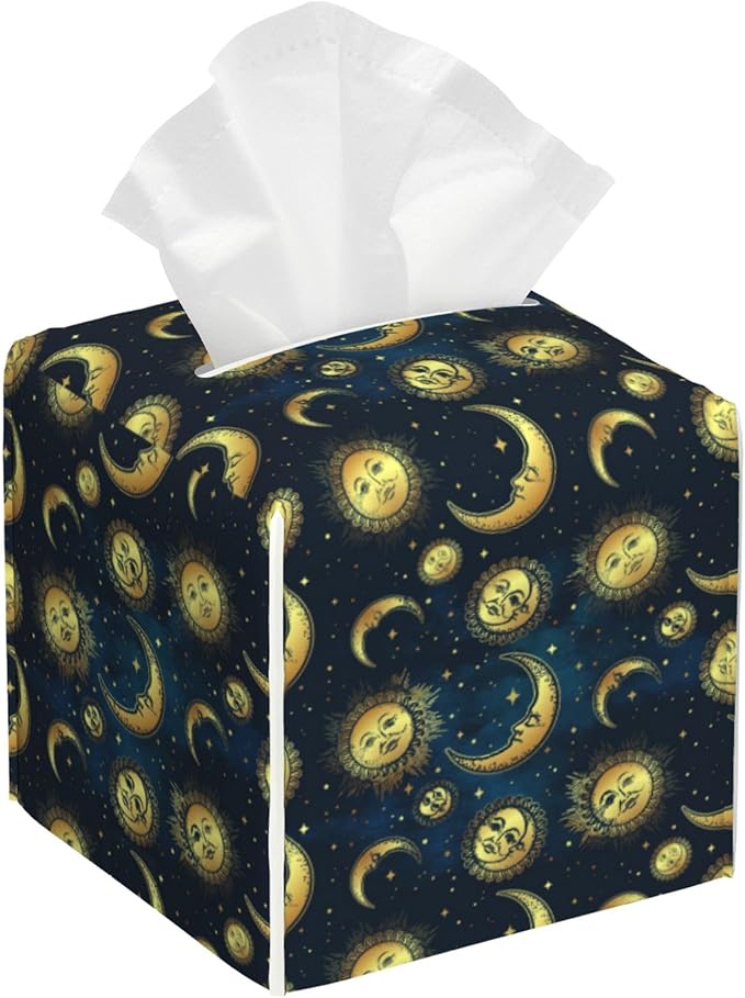 BLYKVGHQ Square Tissue Box Cover Sun Moon Stars Tissue Box Holder Facial Cube Paper Dispenser Leather Decorative Organizer Home Office Desk Decor, 5.2"x5.2"x5.2"