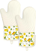 Slohif Long Silicone Oven Mitts Heat Resistant for Women - 2 Pcs Lemon 100% Cotton Oven Gloves, Non-Slip and Waterproof Silicone Oven Mitts with Hanger for Baking and Cooking