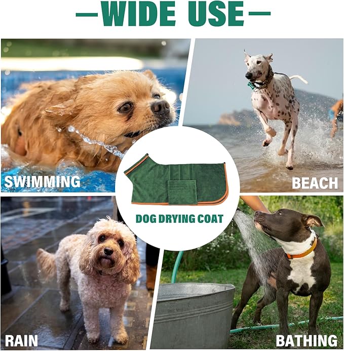 HhiMyOct Dog Drying Coat - Fast Drying Dog Towel Robe - Microfiber Super Absorbent Pet Bathrobe, Adjustable Collar & Belly Strap Pet Coat Pet Bath Robe Towel (Large, Green)