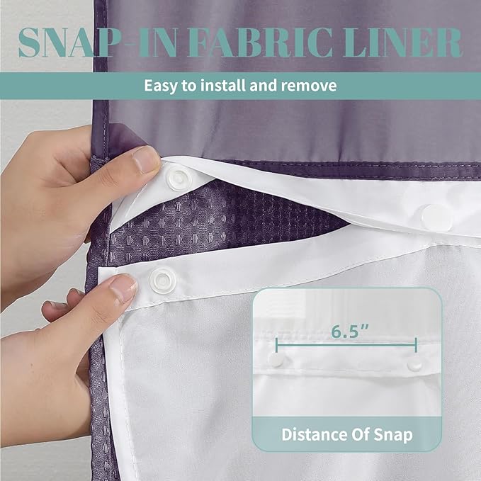 eachope Purple No Hook Waffle Weave Shower Curtain with snap-in Liner Replacement, 230GSM Waterproof Fabric Hotel Shower Curtain Set for Bathroom, Through Mesh Top Window,71Wx74H