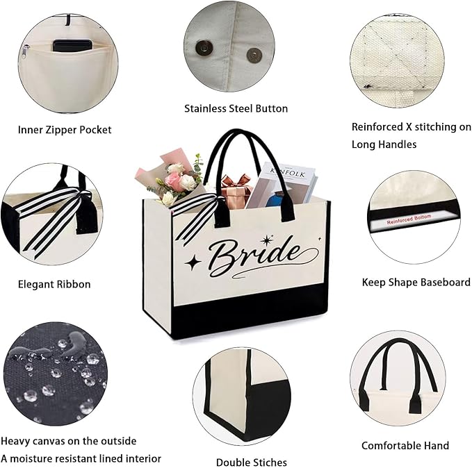 KDBDSYZB Bride Gifts Canvas Tote Bag, Gifts for Wedding BridalShower, Bachelorette Party, Bride to be, Miss to Mrs Gift,Christmas Personalized Bridesmaid Present