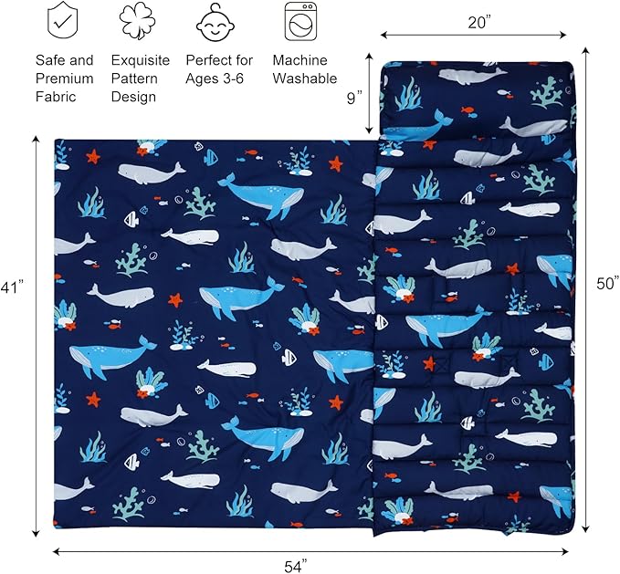 david's kids Toddler Nap Mat Set with Removable Pillow, Ultra Soft Slumber Bags for Boys，Perfect for Preschool, Daycare, Kids Sleeping Bags with Rollup Design, 50"x20", Ocean Animals Dark Blue