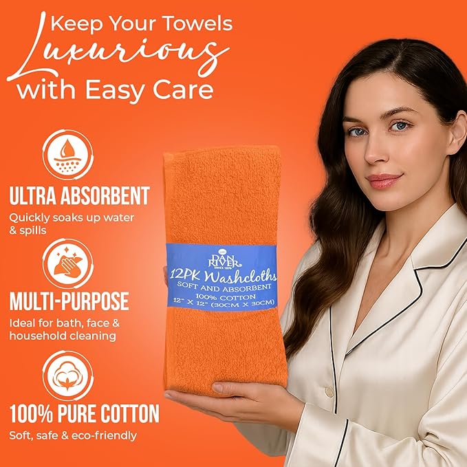 DAN RIVER 12 Pack Wash Cloths for Showering [12x12] - 100% Cotton Washcloths Premium Quality Flannel Face Cloths for Bathroom, Highly Absorbent and Soft Feel Wash Clothes, Orange