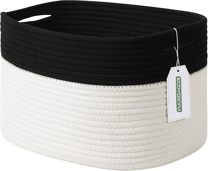 ECDYQXVU Cotton Rope Storage Basket, 15x10x9 Inches, Woven Basket for Shelves, Clothes, Towels, Books, and Laundry, Black/White (1 Pack)