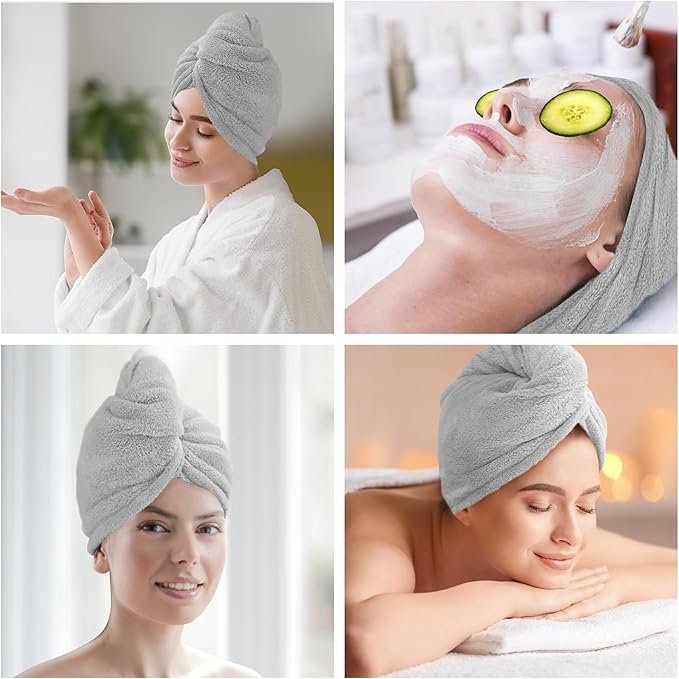 AGLIFEFY 2 Pack Microfiber Hair Towel Wrap for Women Super Absorbent Quick Dry Hair Turban for Drying Curly, Long & Thick Hair 10 inch X 26 inch Lightgrey+SkyBlue