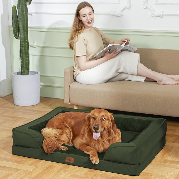 Comfort Expression Orthopedic Dog Bed for Large Dogs 36x27 Inch, Waterproof Egg Crate Foam Large Pet Bed with Removable Bolsters, Dog Couch with Washable Cover & Non-Slip Bottom, Olive Green