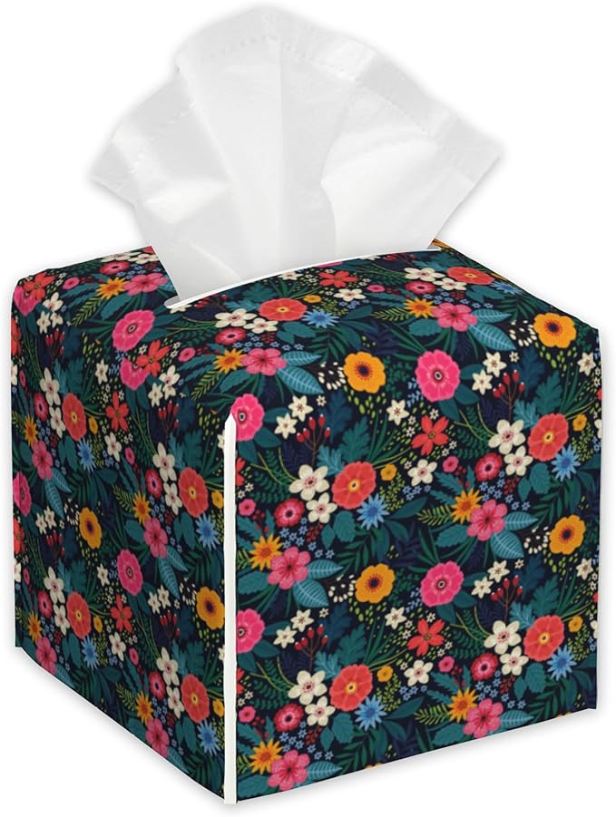 Colorful Flowers Tissue Box Holder,Cube Tissue Box Cover Holder,Leather Facial Paper Organizer Dispenser Home for Bedroom Night Stands,Kitchen,Office and Car,5.2"×5.2"×5.2"
